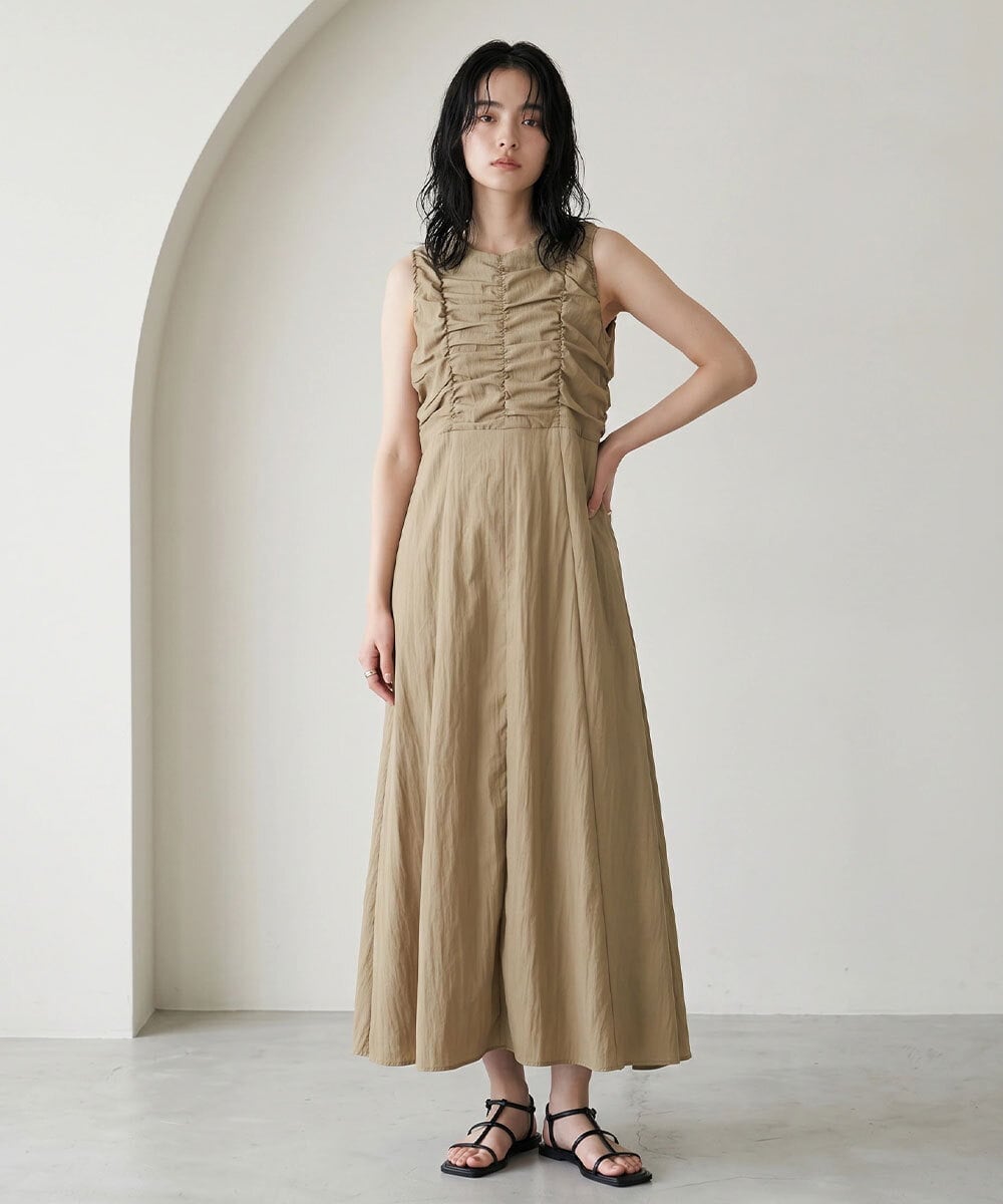 CTEID02072 TONEA(トネア) リネンライク ギャザーノースリブワンピース グレージュ