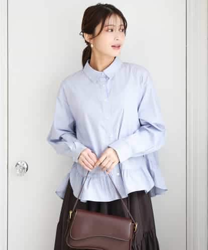 F1BAG55160 MK MICHEL KLEIN(小さいサイズ) 【小さいサイズ】[洗える]フリルヘムデザインシャツブラウス（ブルー・ストライプ）