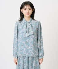 F1BGD01140 MK MICHEL KLEIN(小さいサイズ)(メゾン ドゥ サンク) 【小さいサイズ】ボウタイ付き花柄シフォンブラウス/洗濯機で洗える ミントブルー