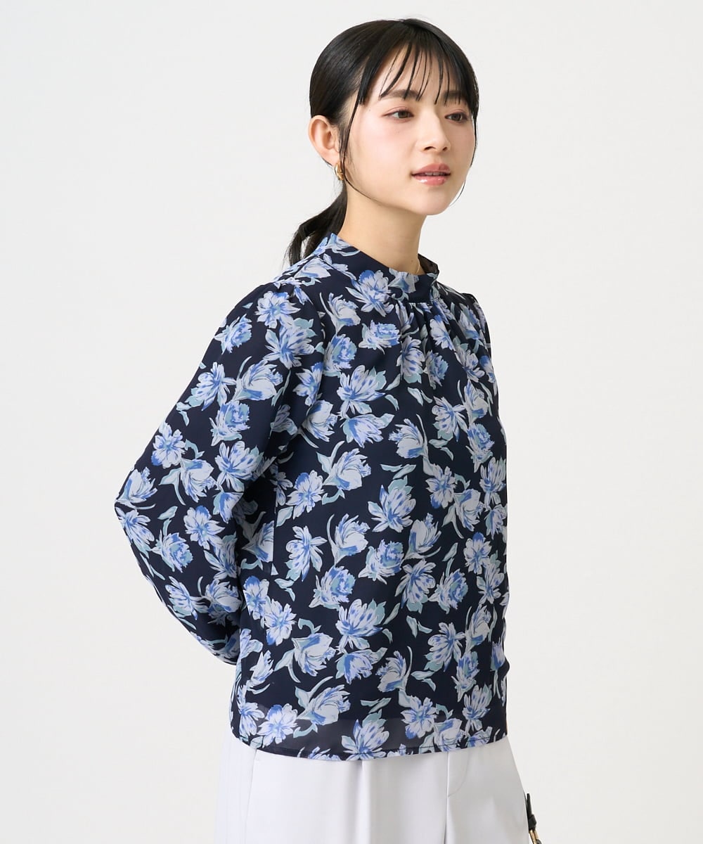 F1BGD01140 MK MICHEL KLEIN(小さいサイズ)(メゾン ドゥ サンク) 【小さいサイズ】ボウタイ付き花柄シフォンブラウス/洗濯機で洗える ミントブルー