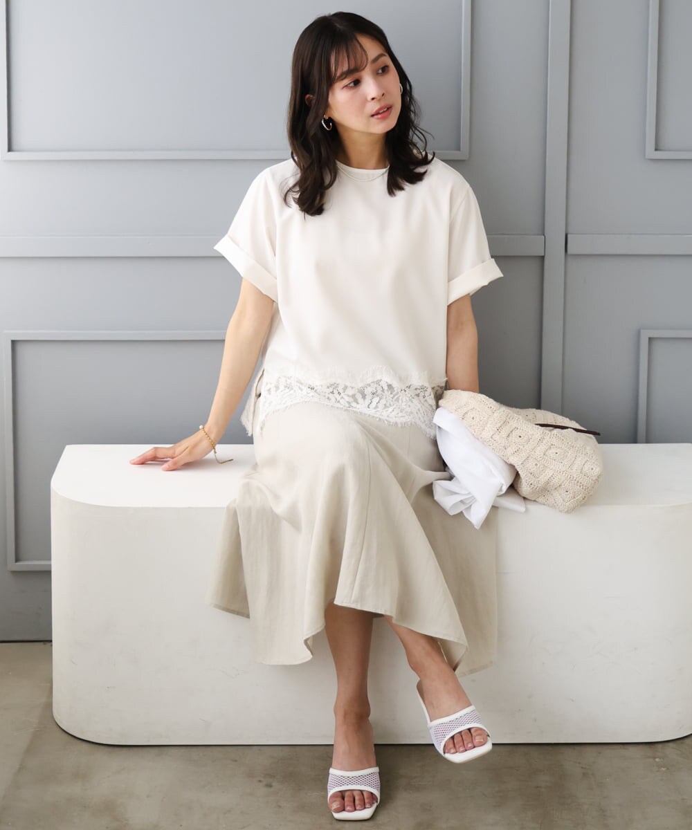 F1BGD59150 MK MICHEL KLEIN(小さいサイズ)(メゾン ドゥ サンク) 【小さいサイズ】[UVカット/接触冷感/洗える]ストレッチ 裾レース半袖ブラウス ブラック
