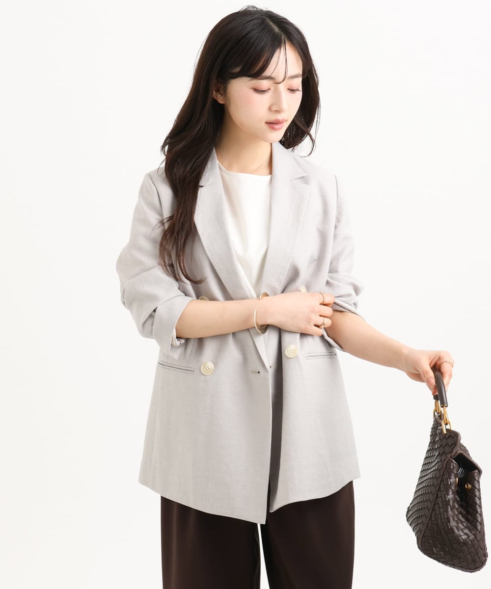 F1DGD46240 MK MICHEL KLEIN(小さいサイズ)(メゾン ドゥ サンク) 【小さいサイズ】バイオヴィンテージツイル ダブルブレストジャケット/接触冷感/UVカット/速乾/洗える グレージュ