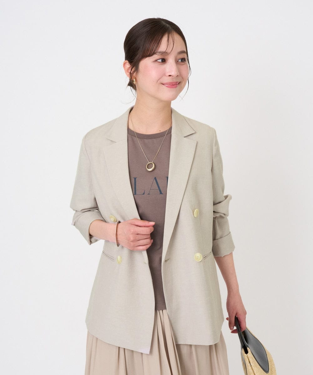 F1DGD46240 MK MICHEL KLEIN(小さいサイズ)(メゾン ドゥ サンク) 【小さいサイズ】バイオヴィンテージツイル ダブルブレストジャケット/接触冷感/UVカット/速乾/洗える グレージュ