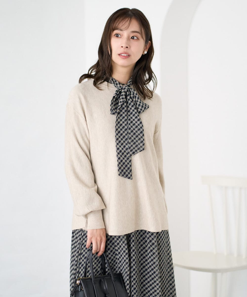 F1FAD40150 MK MICHEL KLEIN(小さいサイズ)(メゾン ドゥ サンク) 【小さいサイズ】フレアーシルエットチュニックニット/洗える ライトブルー