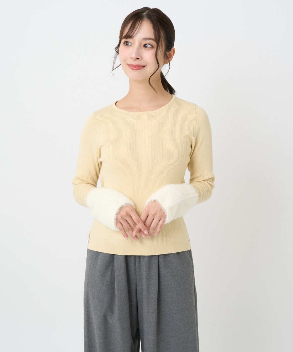 F1FAD41140 MK MICHEL KLEIN(小さいサイズ)(メゾン ドゥ サンク) 【小さいサイズ】フェザー切替えコンパクトリブニット/洗える ライトイエロー