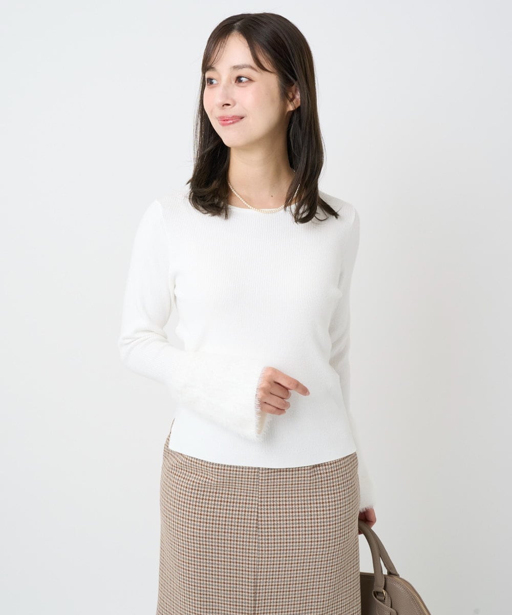 F1FAD41140 MK MICHEL KLEIN(小さいサイズ)(メゾン ドゥ サンク) 【小さいサイズ】フェザー切替えコンパクトリブニット/洗える ホワイト