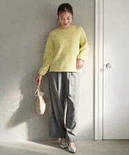 F1FAD47150 MK MICHEL KLEIN(小さいサイズ)(メゾン ドゥ サンク) 【小さいサイズ】シアーボーダーボリュームパフスリーブニット/洗える ライトイエロー