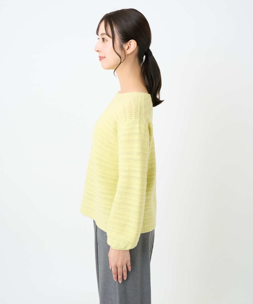 F1FAD47150 MK MICHEL KLEIN(小さいサイズ)(メゾン ドゥ サンク) 【小さいサイズ】シアーボーダーボリュームパフスリーブニット/洗える ライトイエロー