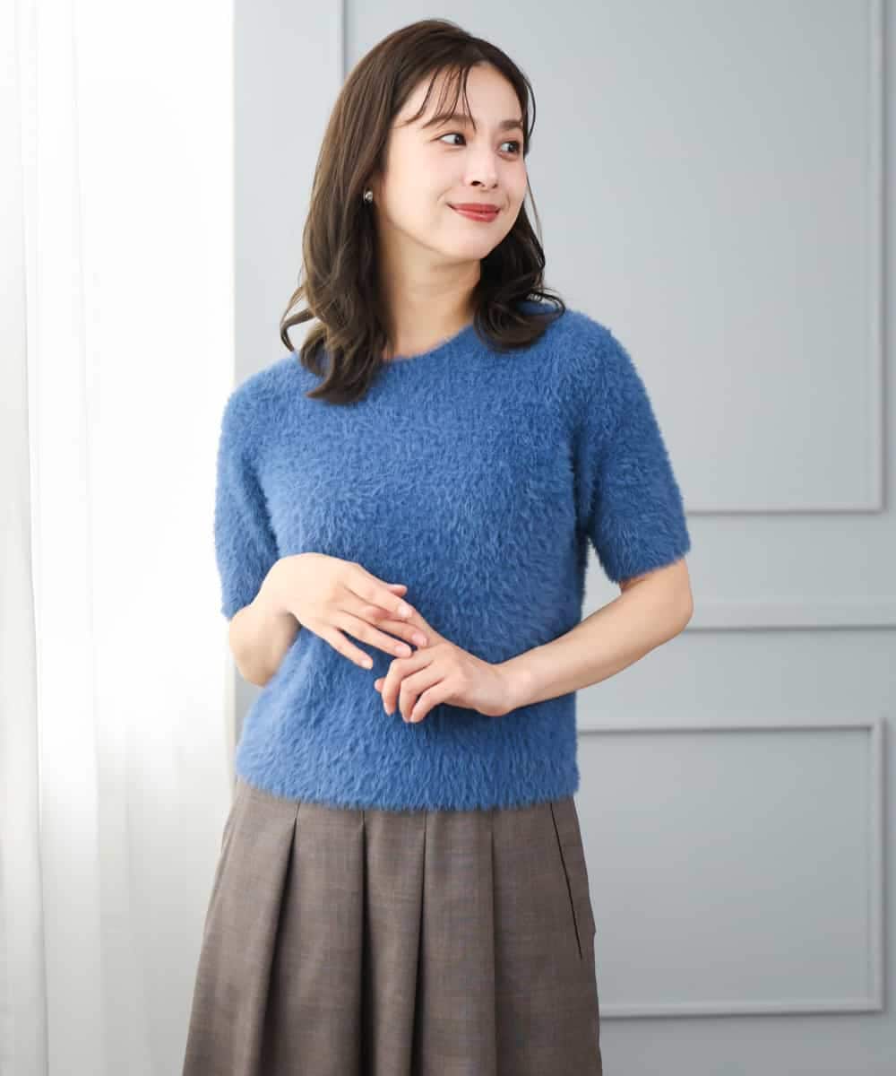F1FJD32130 MK MICHEL KLEIN(小さいサイズ)(メゾン ドゥ サンク) 【小さいサイズ】[洗える]半袖シャギーニット ブルー