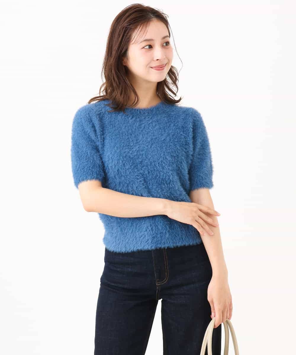 F1FJD32130 MK MICHEL KLEIN(小さいサイズ)(メゾン ドゥ サンク) 【小さいサイズ】[洗える]半袖シャギーニット ブルー