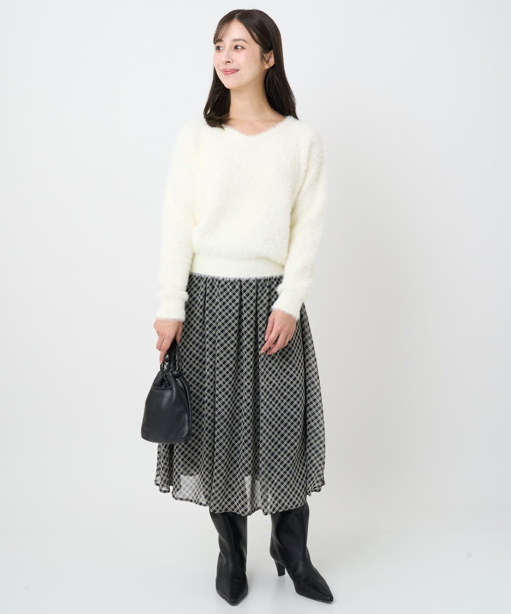 F1HAD04140 MK MICHEL KLEIN(小さいサイズ)(メゾン ドゥ サンク) 【小さいサイズ】チェック柄シフォンスカート/洗濯機で洗える ブラック