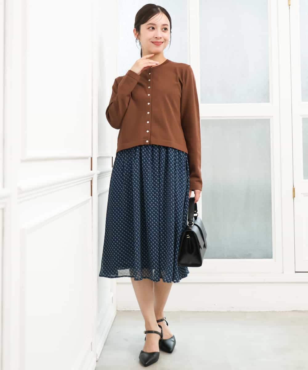 F1HJD39150 MK MICHEL KLEIN(小さいサイズ)(メゾン ドゥ サンク) 【小さいサイズ】[セットアップ］[洗える]スクエア幾何柄シフォンスカート ブルーグリーン