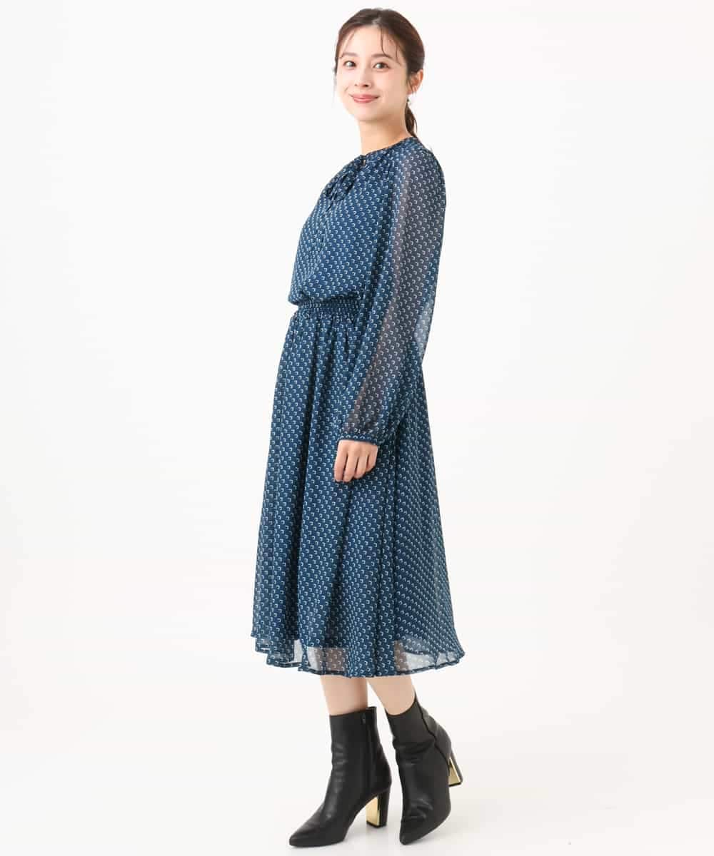 F1HJD39150 MK MICHEL KLEIN(小さいサイズ)(メゾン ドゥ サンク) 【小さいサイズ】[セットアップ］[洗える]スクエア幾何柄シフォンスカート ブルーグリーン