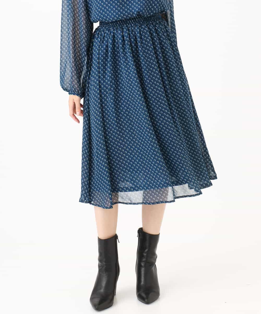 F1HJD39150 MK MICHEL KLEIN(小さいサイズ)(メゾン ドゥ サンク) 【小さいサイズ】[セットアップ］[洗える]スクエア幾何柄シフォンスカート ブルーグリーン