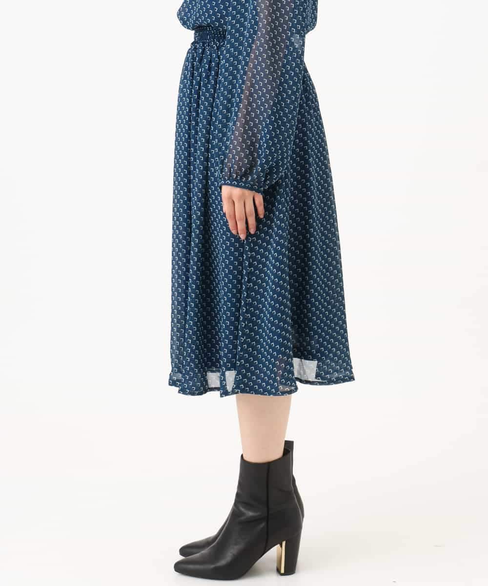 F1HJD39150 MK MICHEL KLEIN(小さいサイズ)(メゾン ドゥ サンク) 【小さいサイズ】[セットアップ］[洗える]スクエア幾何柄シフォンスカート ブルーグリーン