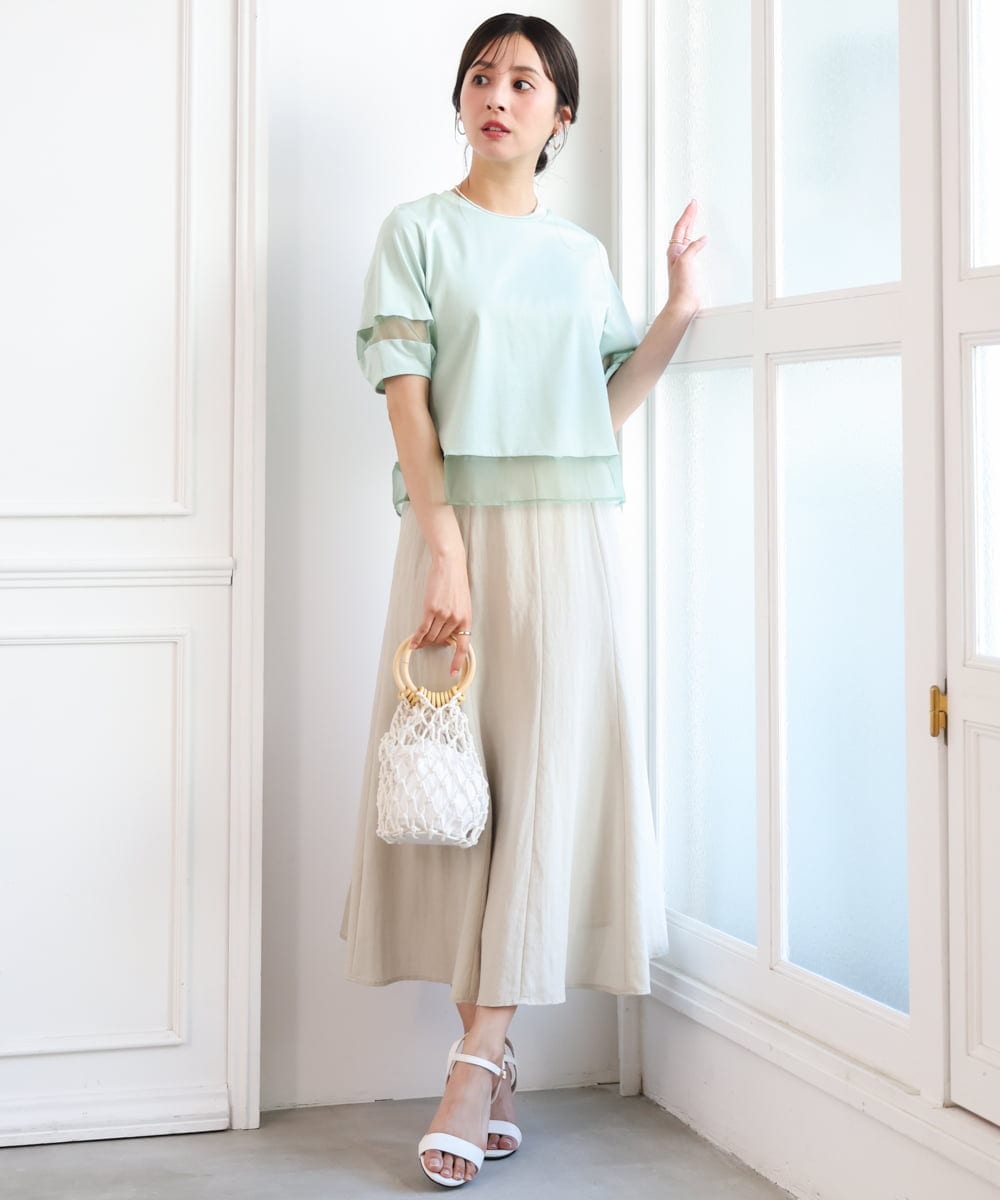 F1KGD56110 MK MICHEL KLEIN(小さいサイズ)(メゾン ドゥ サンク) 【小さいサイズ】[洗える]シアー切替えランタンスリーブカットソー ミント