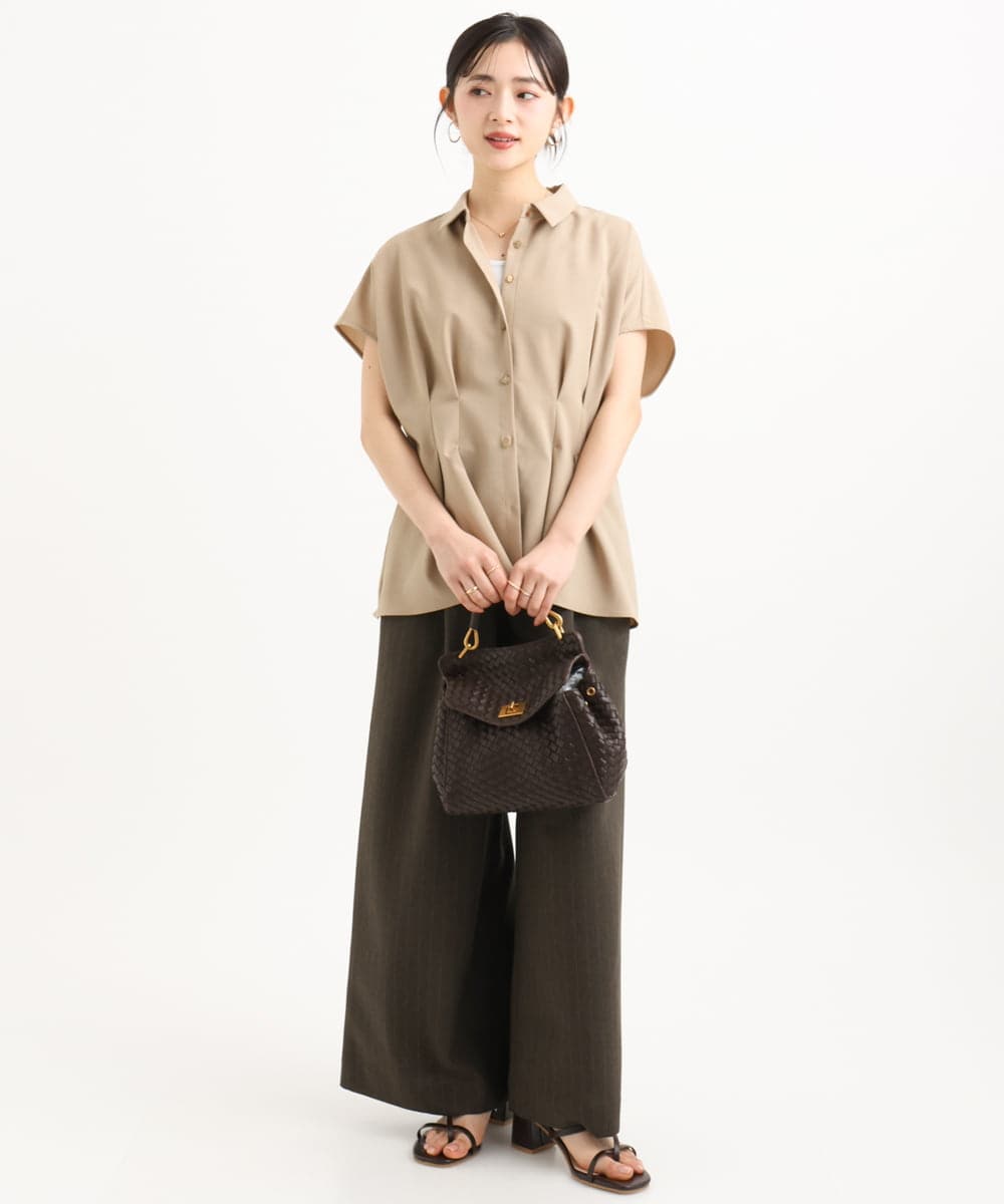 F1LGD55160 MK MICHEL KLEIN(小さいサイズ)(メゾン ドゥ サンク) 【小さいサイズ】[UVカット/防シワ/抗ピリング/洗濯機で洗える]ピンストライプ柄プルオンワイドパンツ ブラウン