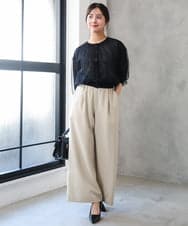 F1LGD55160 MK MICHEL KLEIN(小さいサイズ)(メゾン ドゥ サンク) 【小さいサイズ】[UVカット/防シワ/抗ピリング/洗濯機で洗える]ピンストライプ柄プルオンワイドパンツ ブラウン