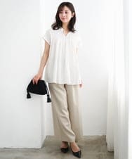 F1LGD55160 MK MICHEL KLEIN(小さいサイズ)(メゾン ドゥ サンク) 【小さいサイズ】[UVカット/防シワ/抗ピリング/洗濯機で洗える]ピンストライプ柄プルオンワイドパンツ ブラウン