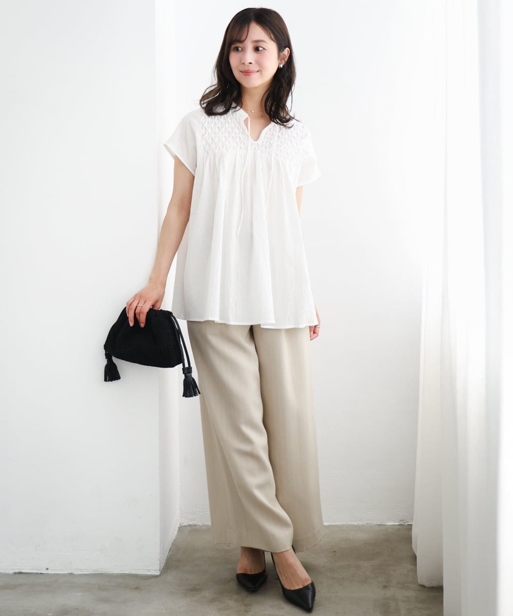F1LGD55160 MK MICHEL KLEIN(小さいサイズ)(メゾン ドゥ サンク) 【小さいサイズ】[UVカット/防シワ/抗ピリング/洗濯機で洗える]ピンストライプ柄プルオンワイドパンツ ブラウン