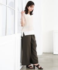 F1LGD55160 MK MICHEL KLEIN(小さいサイズ)(メゾン ドゥ サンク) 【小さいサイズ】[UVカット/防シワ/抗ピリング/洗濯機で洗える]ピンストライプ柄プルオンワイドパンツ ブラウン