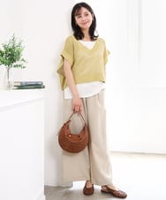 F1LGD55160 MK MICHEL KLEIN(小さいサイズ)(メゾン ドゥ サンク) 【小さいサイズ】[UVカット/防シワ/抗ピリング/洗濯機で洗える]ピンストライプ柄プルオンワイドパンツ ブラウン