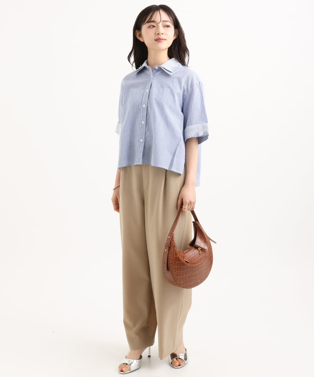 F1LGD56160 MK MICHEL KLEIN(小さいサイズ)(メゾン ドゥ サンク) 【小さいサイズ】[洗える]リネンライクストレッチ ストレートワイドパンツ ベージュ
