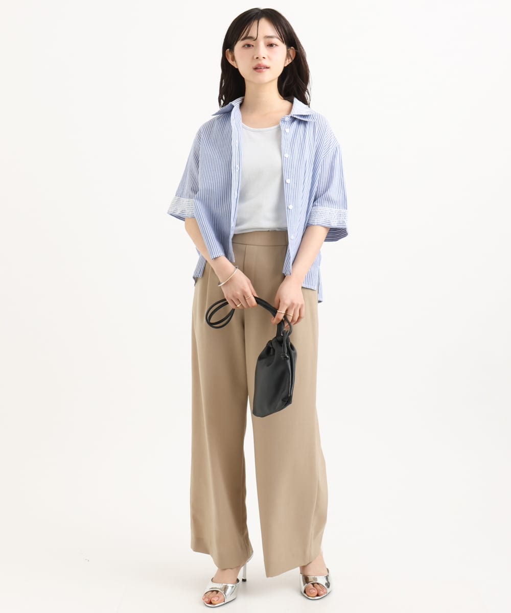 F1LGD56160 MK MICHEL KLEIN(小さいサイズ)(メゾン ドゥ サンク) 【小さいサイズ】[洗える]リネンライクストレッチ ストレートワイドパンツ ベージュ