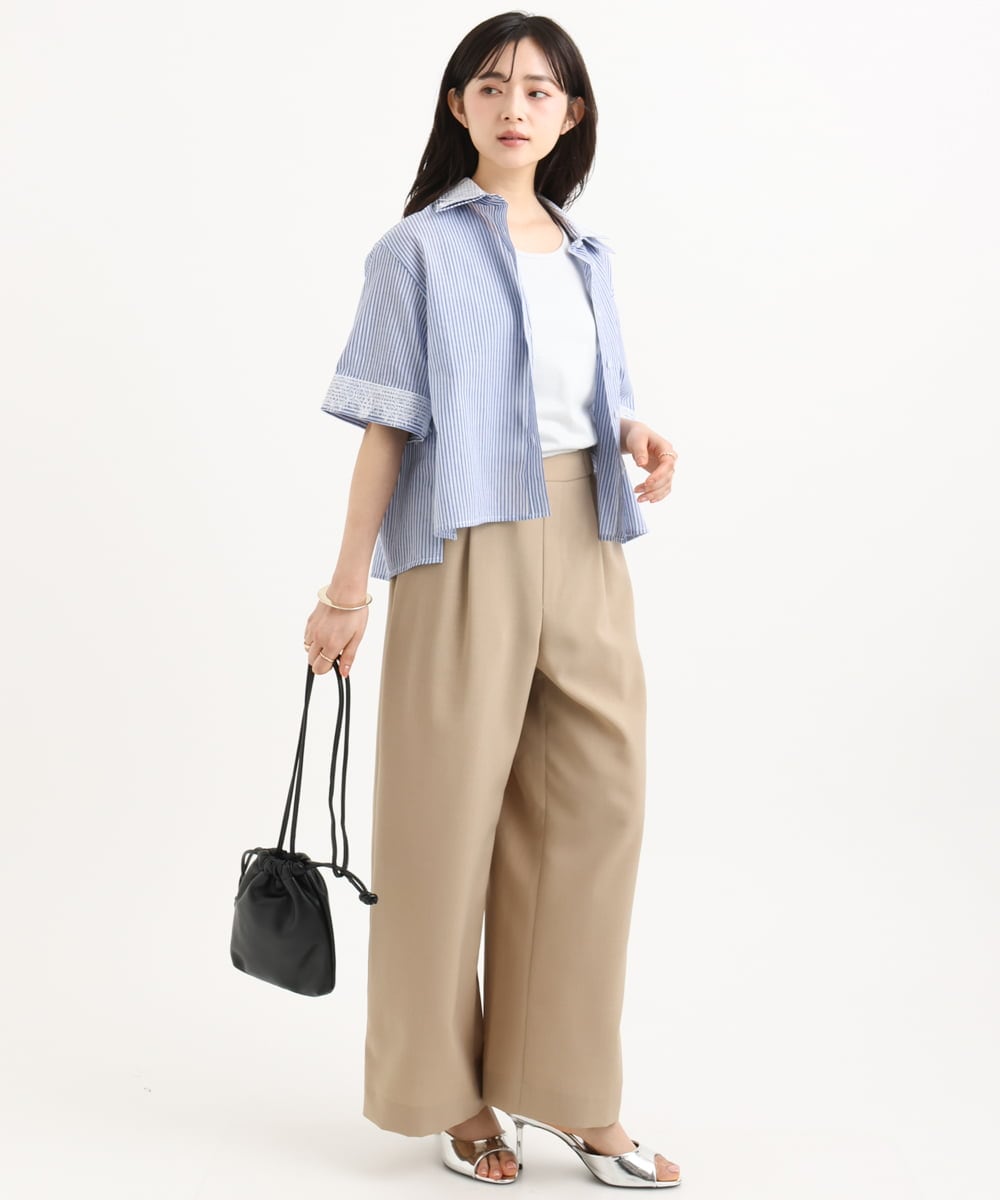 F1LGD56160 MK MICHEL KLEIN(小さいサイズ)(メゾン ドゥ サンク) 【小さいサイズ】[洗える]リネンライクストレッチ ストレートワイドパンツ ベージュ