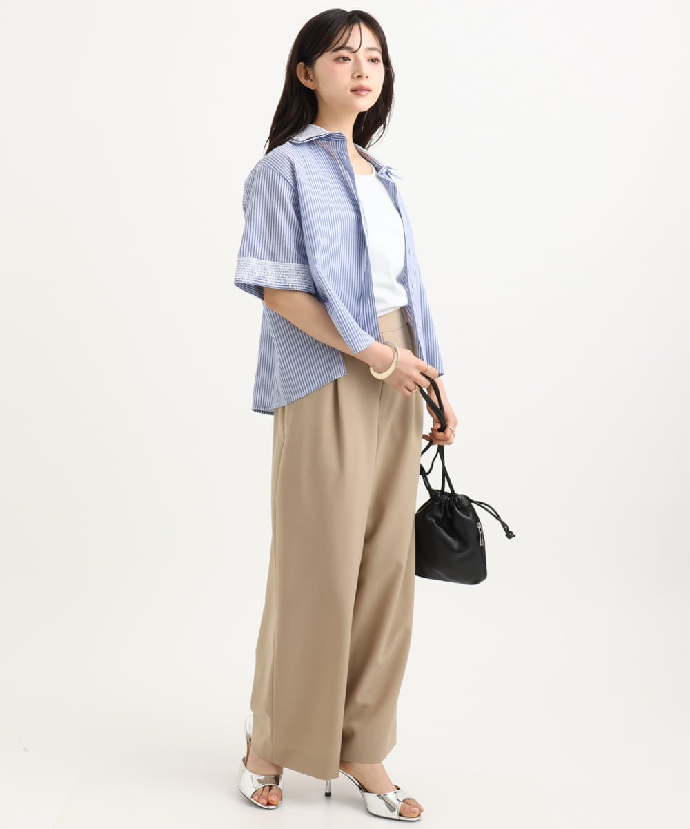 F1LGD56160 MK MICHEL KLEIN(小さいサイズ)(メゾン ドゥ サンク) 【小さいサイズ】[洗える]リネンライクストレッチ ストレートワイドパンツ ベージュ