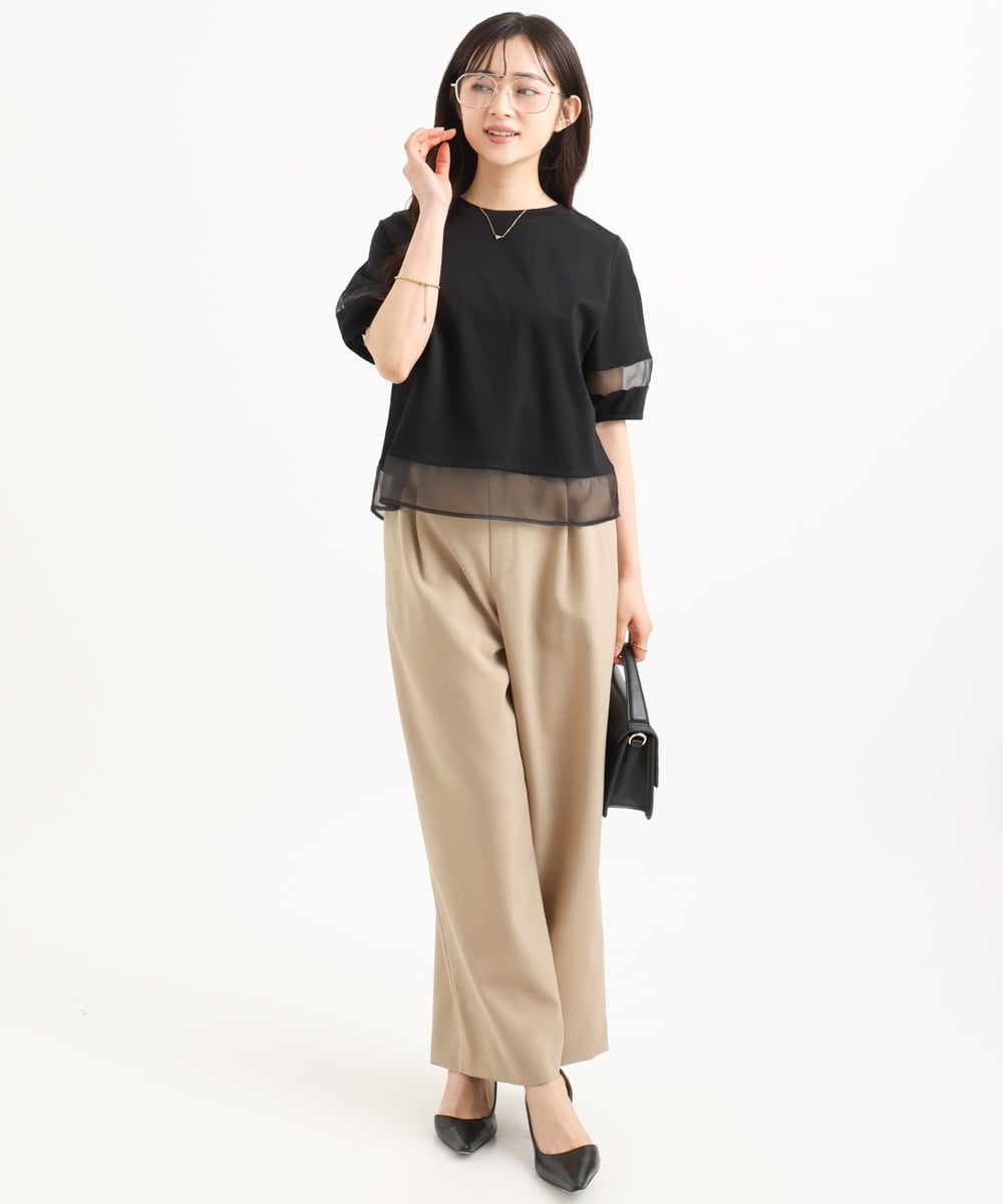 F1LGD56160 MK MICHEL KLEIN(小さいサイズ)(メゾン ドゥ サンク) 【小さいサイズ】[洗える]リネンライクストレッチ ストレートワイドパンツ ベージュ
