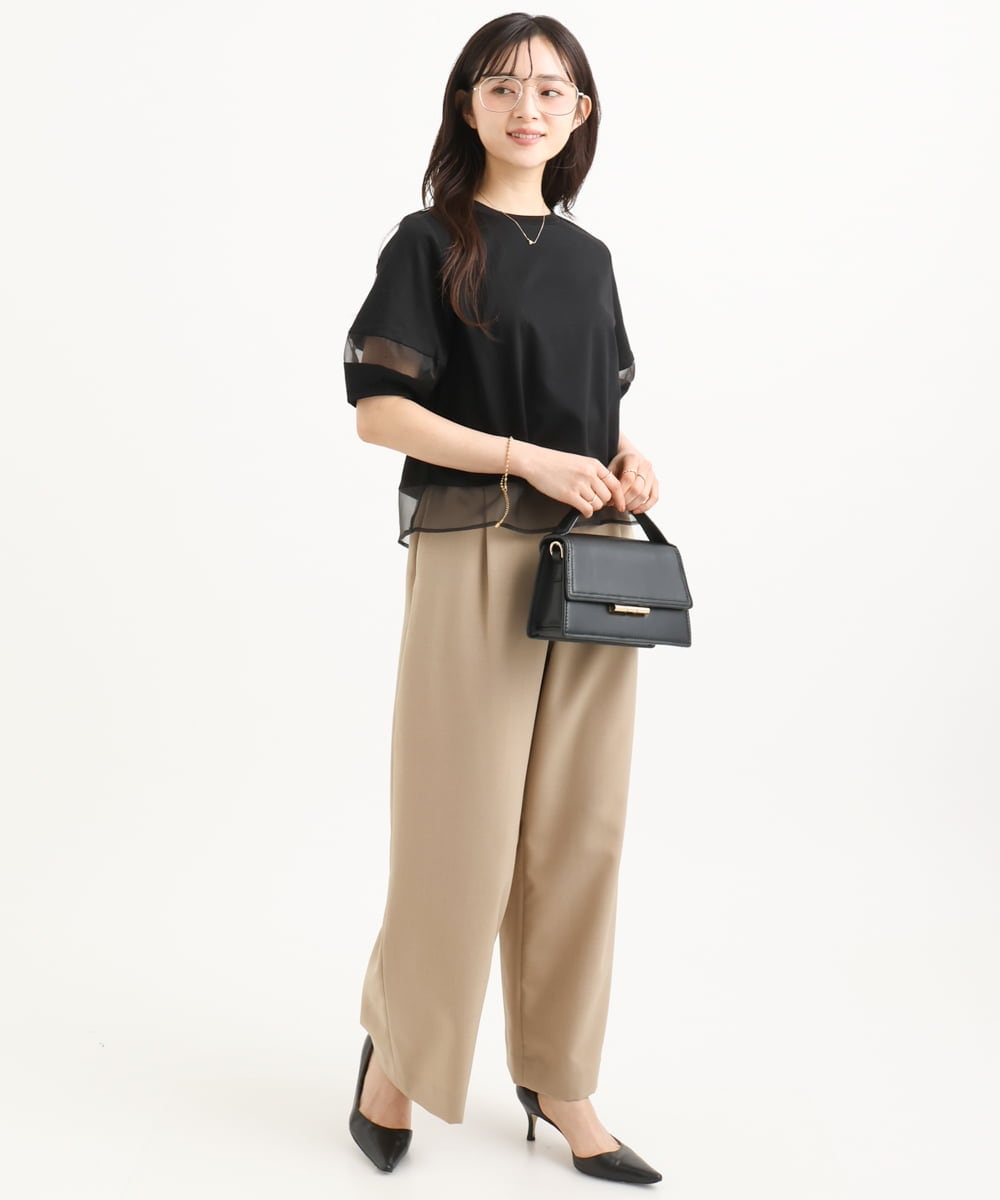 F1LGD56160 MK MICHEL KLEIN(小さいサイズ)(メゾン ドゥ サンク) 【小さいサイズ】[洗える]リネンライクストレッチ ストレートワイドパンツ ベージュ