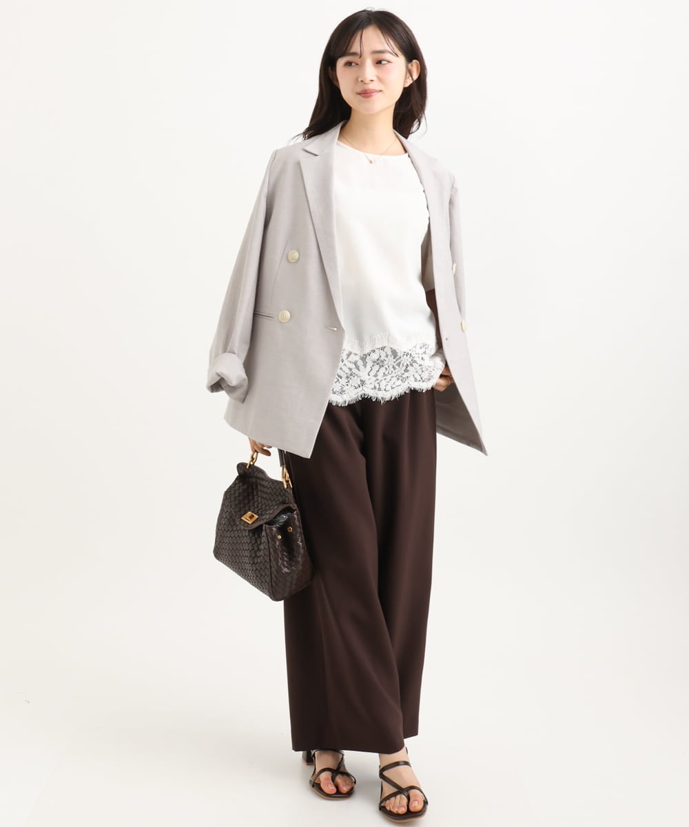 F1LGD56160 MK MICHEL KLEIN(小さいサイズ)(メゾン ドゥ サンク) 【小さいサイズ】[洗える]リネンライクストレッチ ストレートワイドパンツ ベージュ