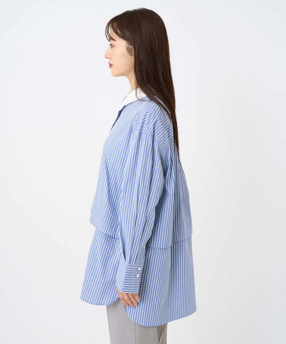 F6BAD19270 MICHEL KLEIN(小さいサイズ)(メゾン ドゥ サンク) [小さいサイズ][2WAY]クレリックオーバーサイズストライプシャツ ブルー