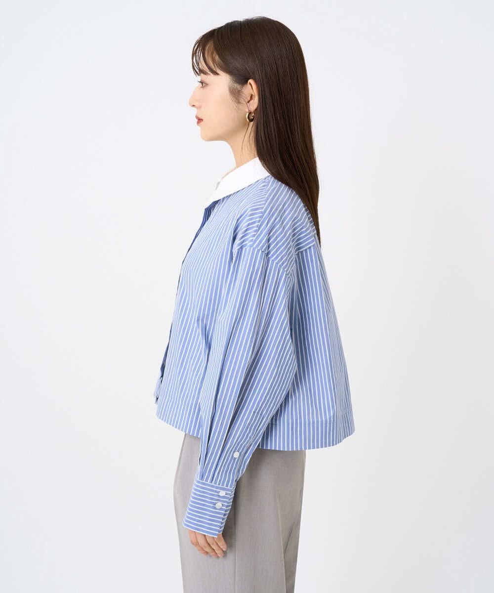 F6BAD19270 MICHEL KLEIN(小さいサイズ)(メゾン ドゥ サンク) [小さいサイズ][2WAY]クレリックオーバーサイズストライプシャツ ブルー