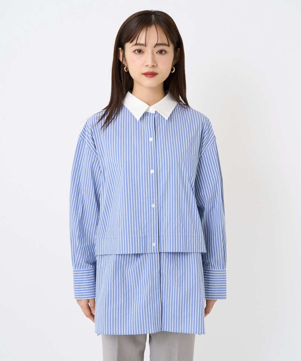F6BAD19270 MICHEL KLEIN(小さいサイズ)(メゾン ドゥ サンク) [小さいサイズ][2WAY]クレリックオーバーサイズストライプシャツ ブルー