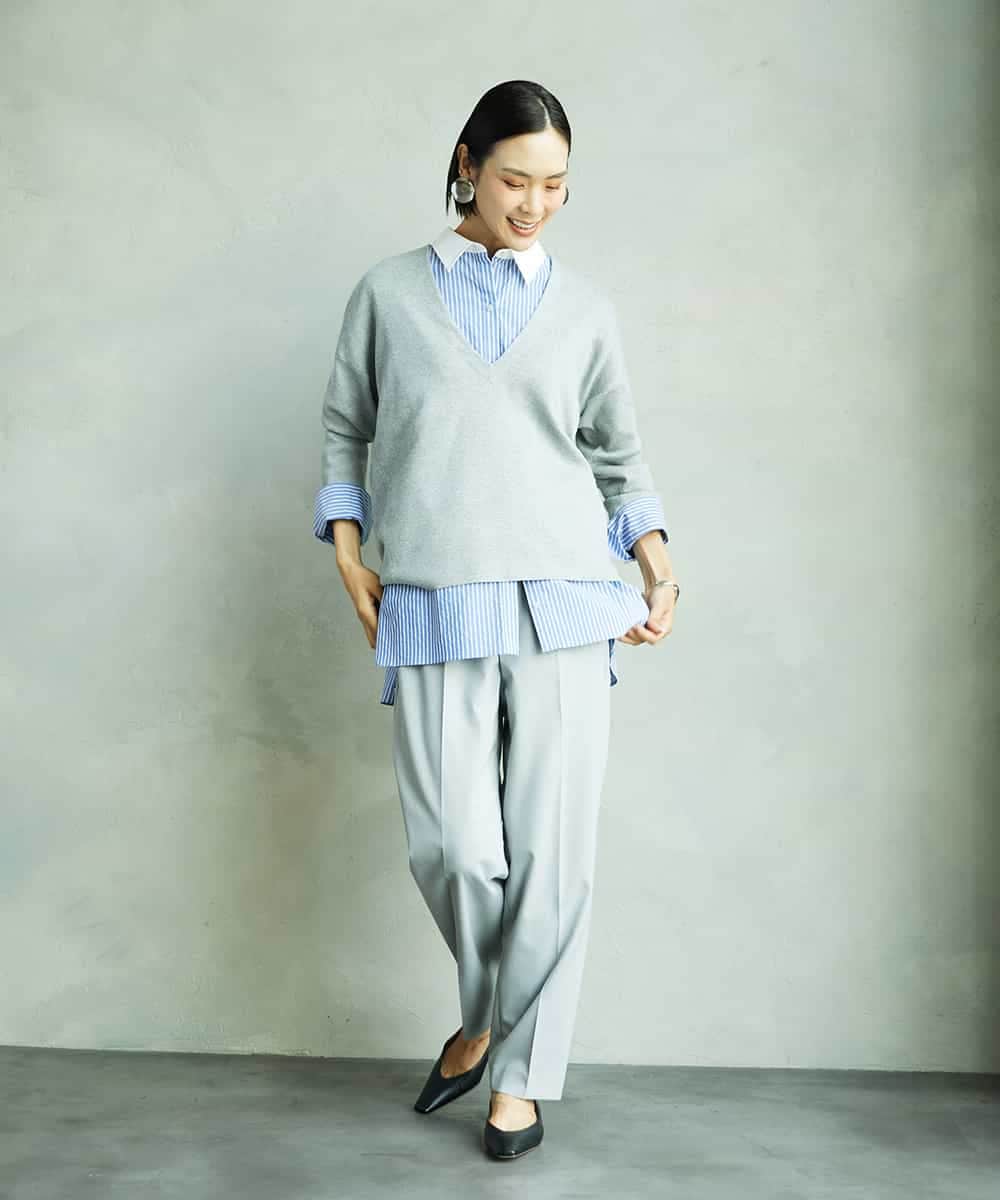 F6BAD19270 MICHEL KLEIN(小さいサイズ)(メゾン ドゥ サンク) [小さいサイズ][2WAY]クレリックオーバーサイズストライプシャツ ブルー