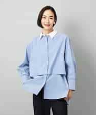 F6BAD19270 MICHEL KLEIN(小さいサイズ)(メゾン ドゥ サンク) [小さいサイズ][2WAY]クレリックオーバーサイズストライプシャツ ブルー