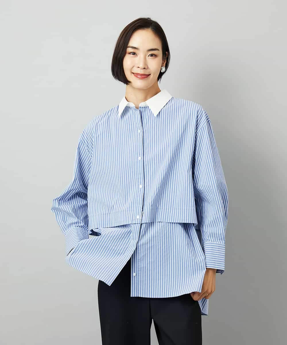F6BAD19270 MICHEL KLEIN(小さいサイズ)(メゾン ドゥ サンク) [小さいサイズ][2WAY]クレリックオーバーサイズストライプシャツ ブルー