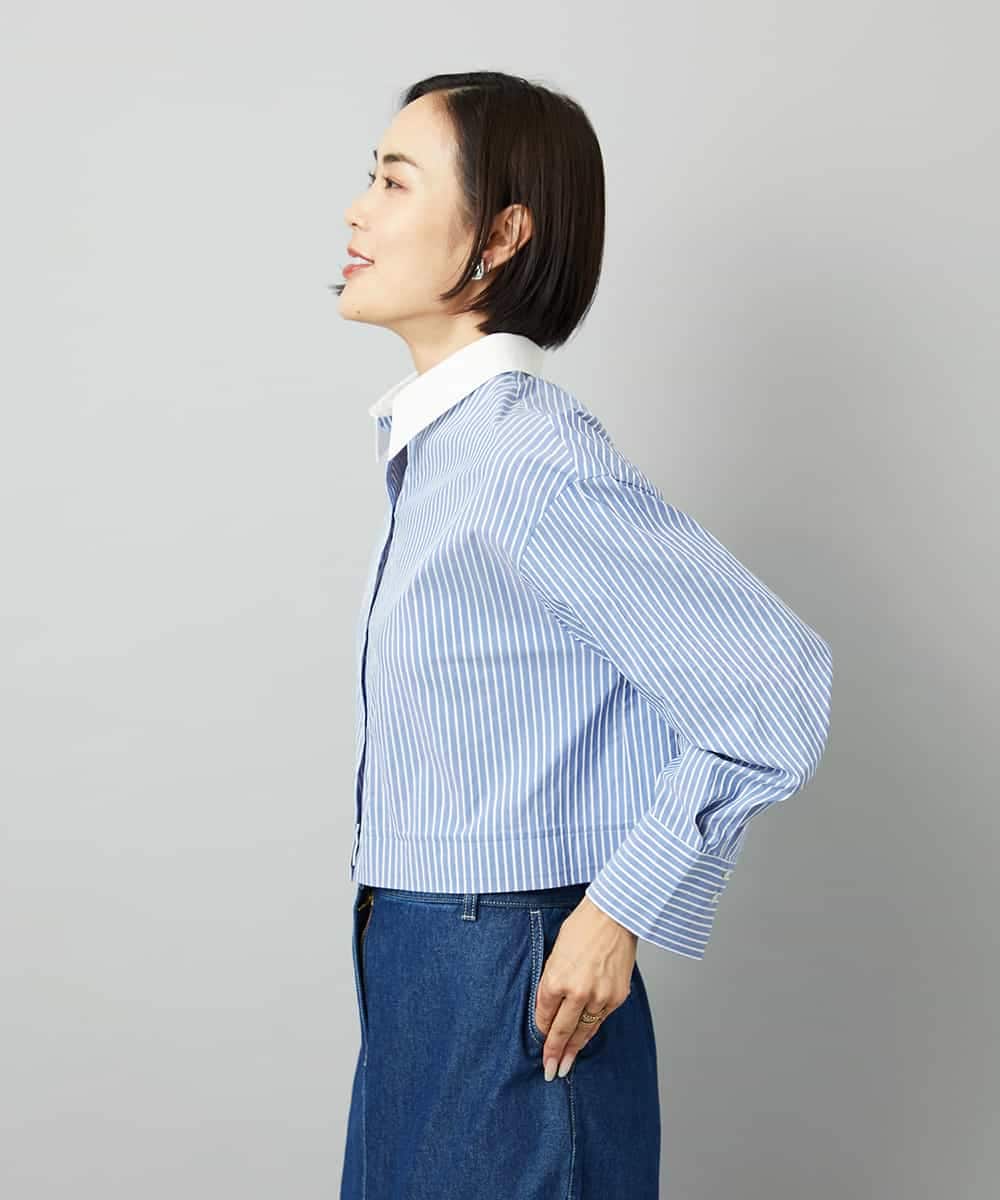 F6BAD19270 MICHEL KLEIN(小さいサイズ)(メゾン ドゥ サンク) [小さいサイズ][2WAY]クレリックオーバーサイズストライプシャツ ブルー