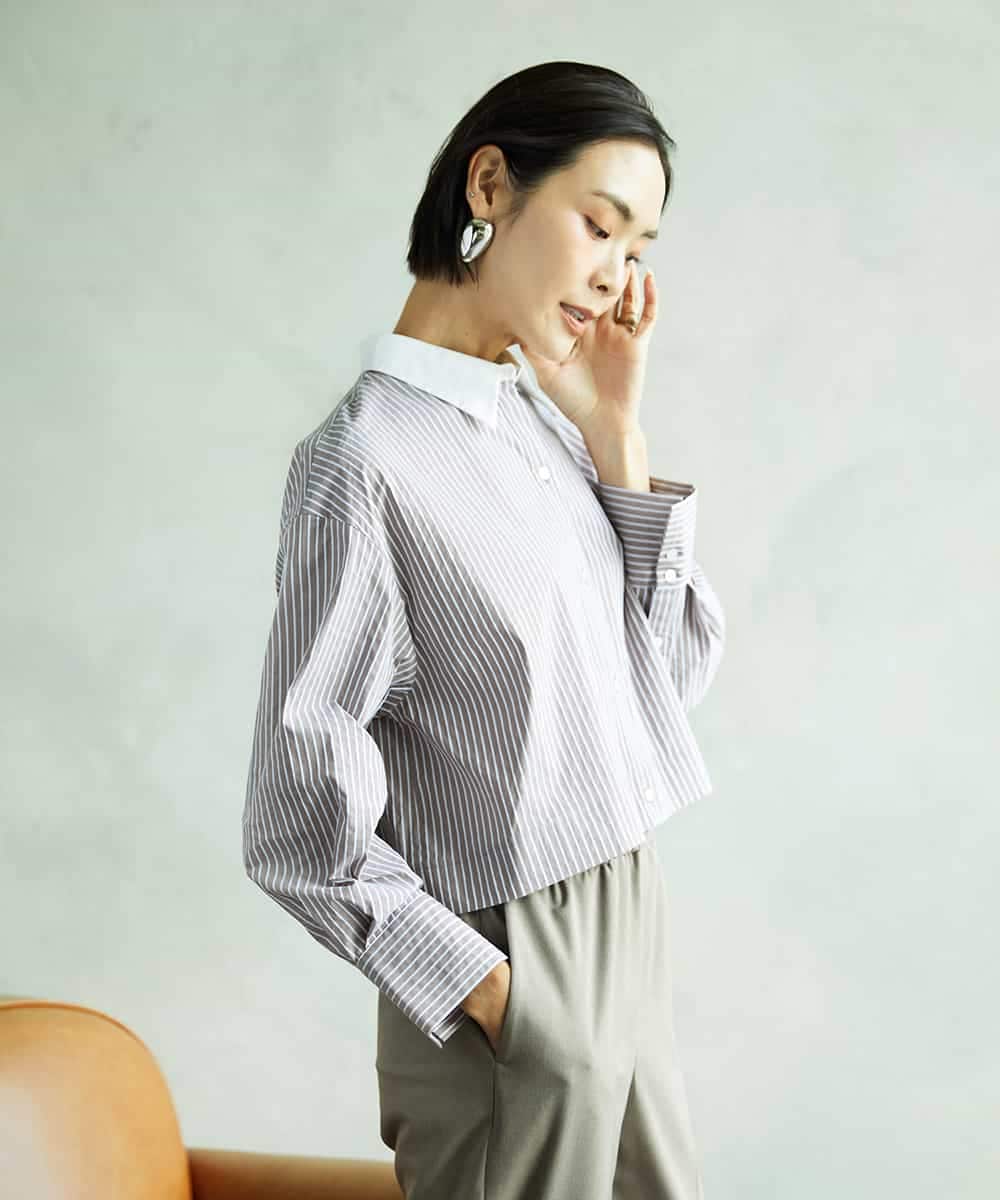F6BAD19270 MICHEL KLEIN(小さいサイズ)(メゾン ドゥ サンク) [小さいサイズ][2WAY]クレリックオーバーサイズストライプシャツ ブルー