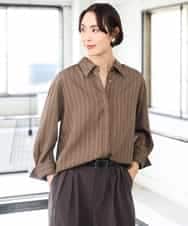 F6BAG01250 MICHEL KLEIN(小さいサイズ)(メゾン ドゥ サンク) 【小さいサイズ】ヴィンテージライクストライプシャツ カーキ