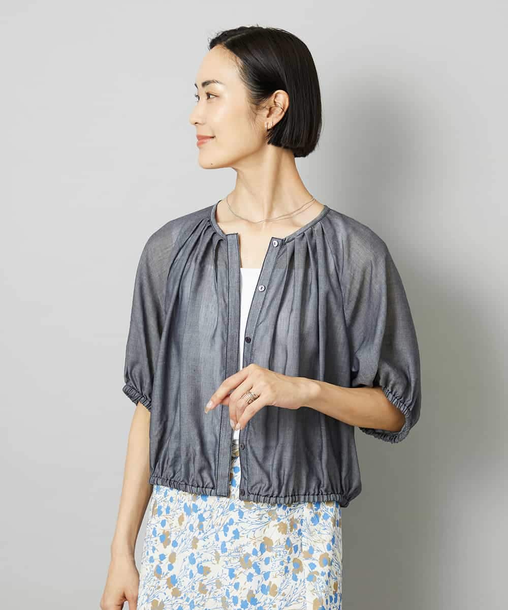 F6BHD05240 MICHEL KLEIN(小さいサイズ)(メゾン ドゥ サンク) [小さいサイズ][セットアップ対応]デニムライク ギャザーブラウス ネイビー