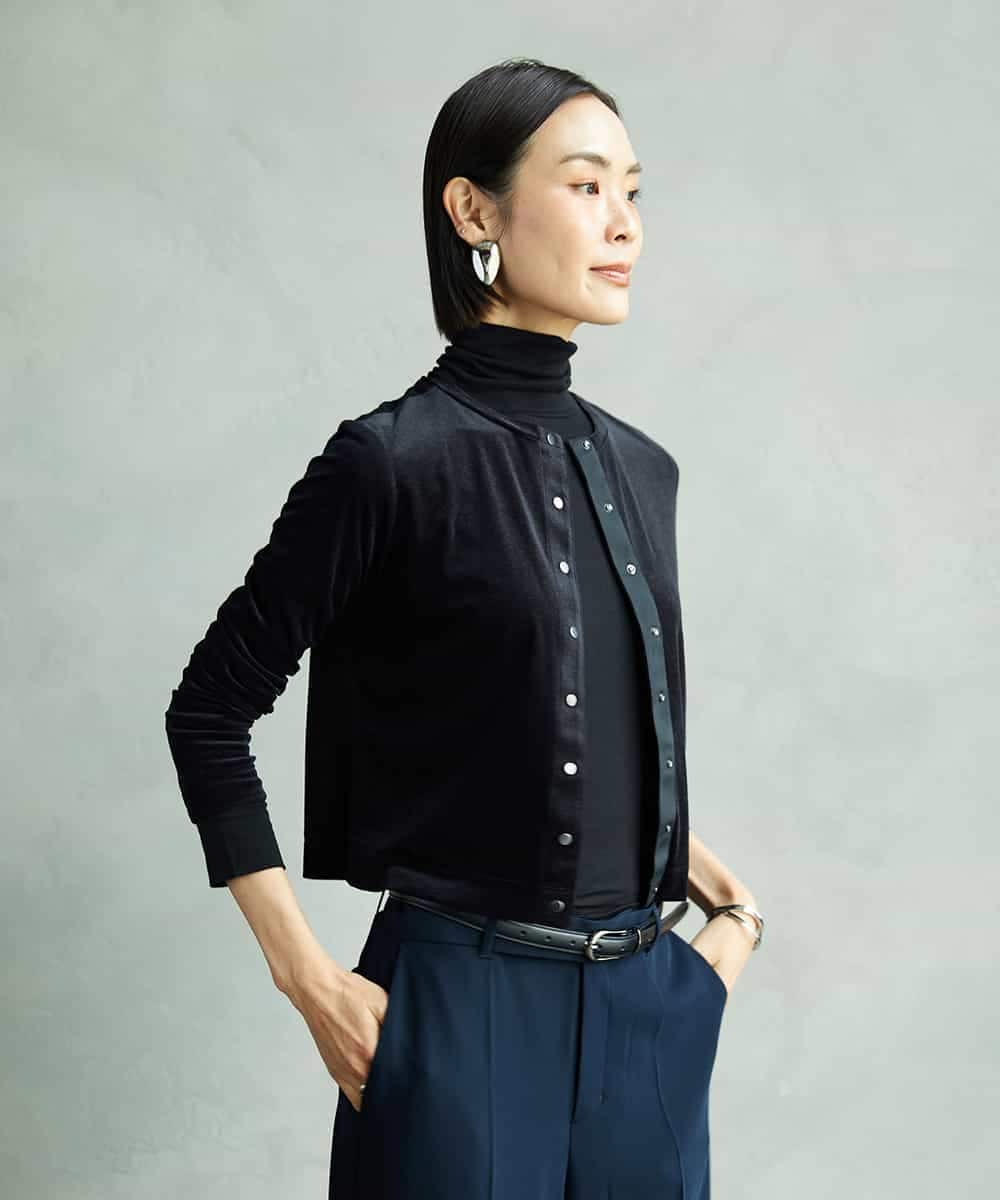 F6CAD16200 MICHEL KLEIN(小さいサイズ)(メゾン ドゥ サンク) [小さいサイズ]シアーベロアクルーネックカーディガン ダークグレー