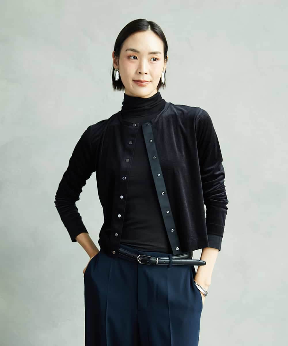F6CAD16200 MICHEL KLEIN(小さいサイズ)(メゾン ドゥ サンク) [小さいサイズ]シアーベロアクルーネックカーディガン ブラック