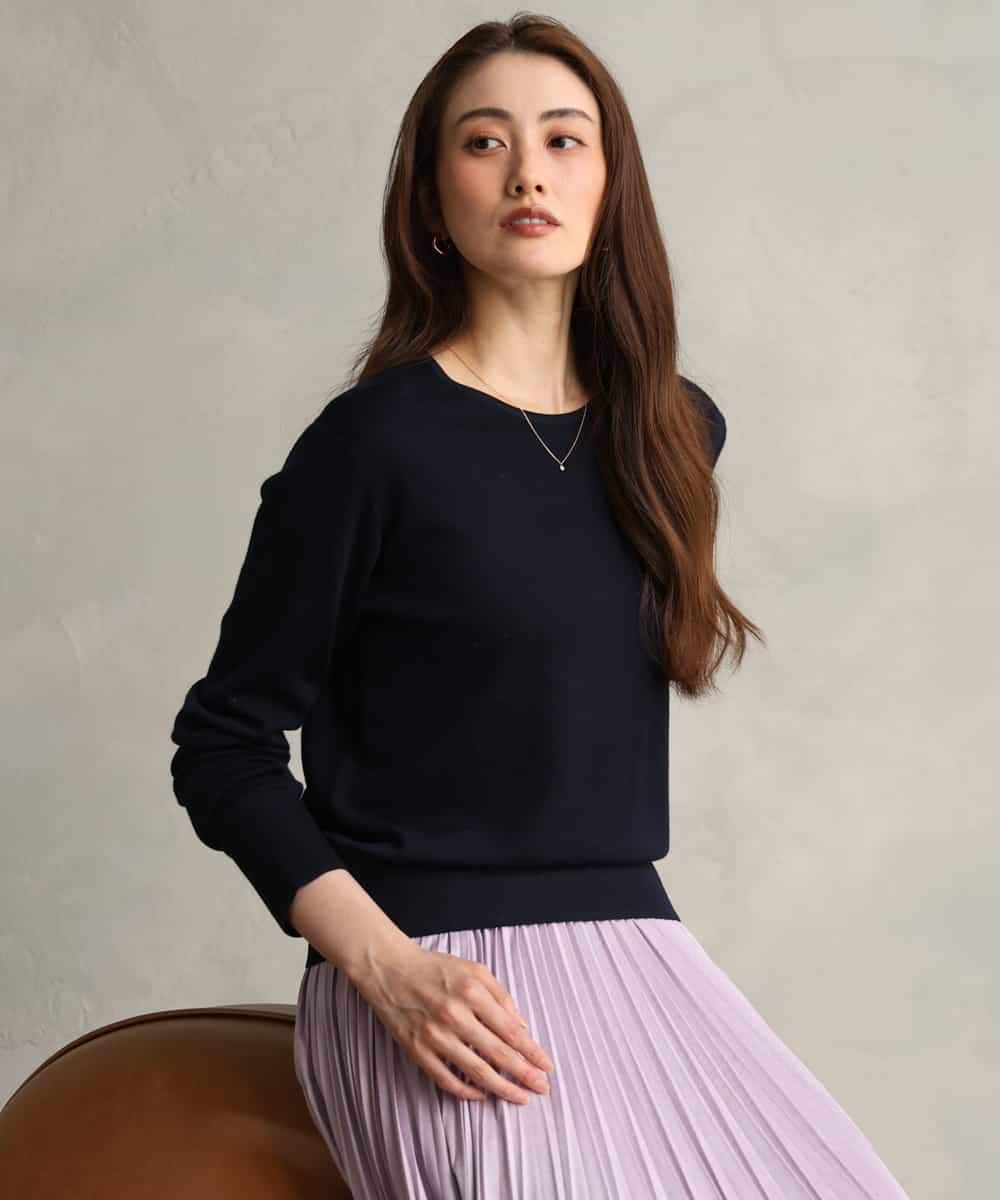 F6FAG55220 MICHEL KLEIN(小さいサイズ)(メゾン ドゥ サンク) [小さいサイズ][アンサンブル対応]パイピングクルーネックニット ネイビー