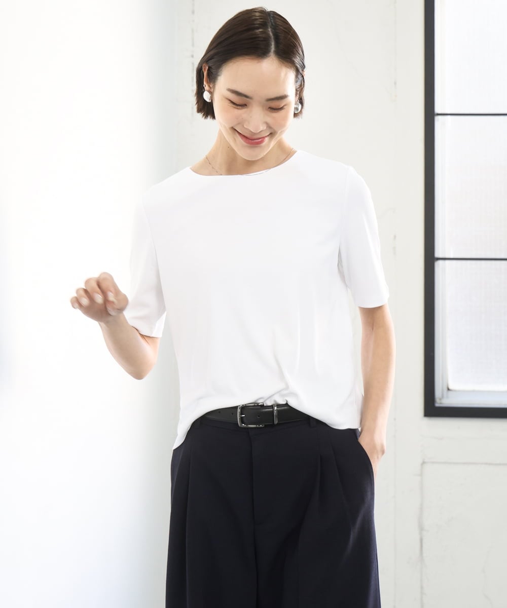 F6KGD20150 MICHEL KLEIN(小さいサイズ)(メゾン ドゥ サンク) [小さいサイズ][遮熱効果素材]ステッチレス五分袖プルオーバー ホワイト