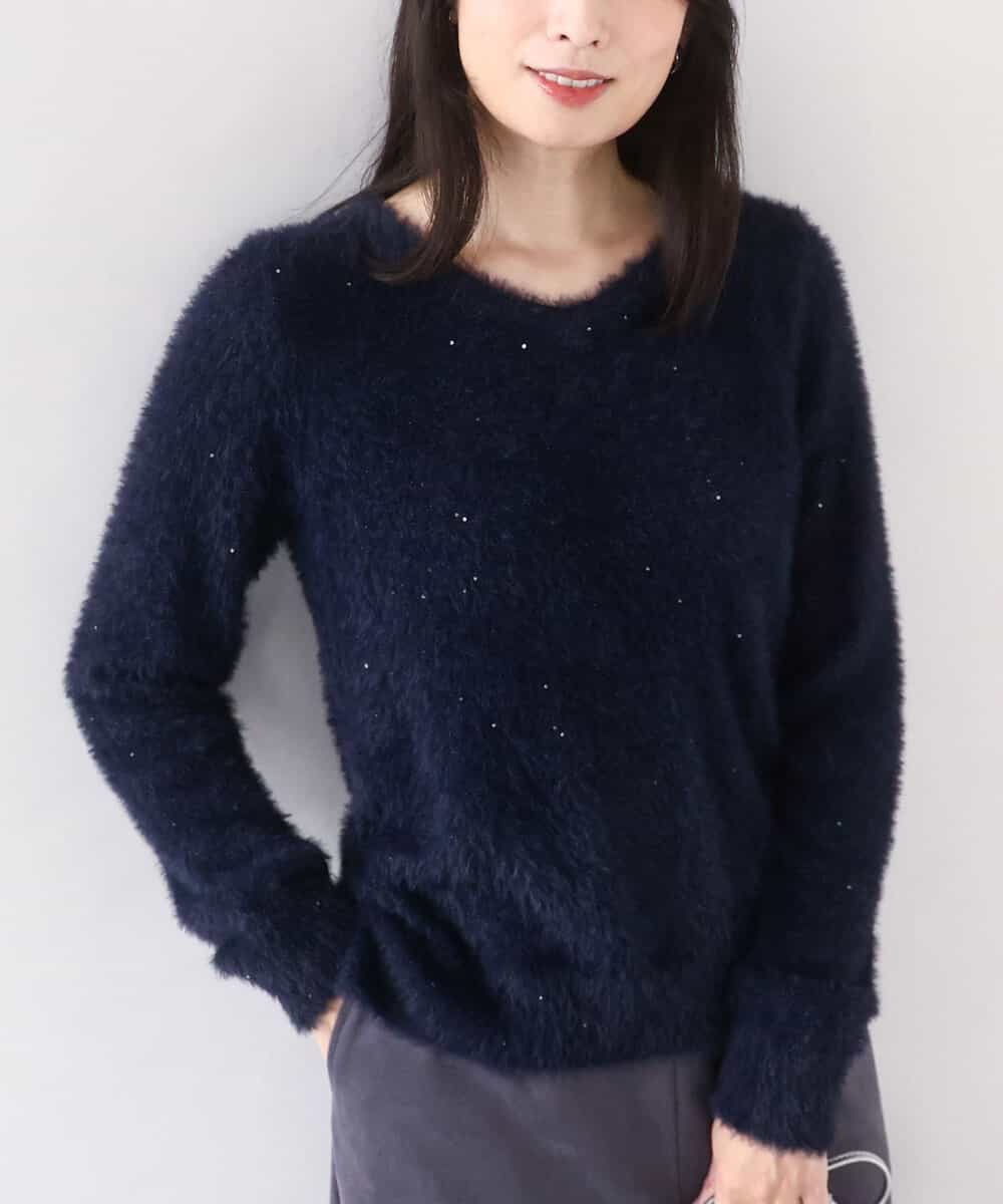 FIFDD08070 OFUON le MK(オフオン　ル　エムケー) ミニスパンコールシャギーニット/洗える/WEB限定サイズあり ネイビー