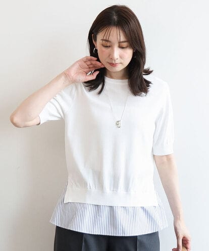 FIFJD29080  レイヤード風ストライプ切替ニットプルオーバー/UVカット/接触冷感/洗える/WEB限定サイズあり