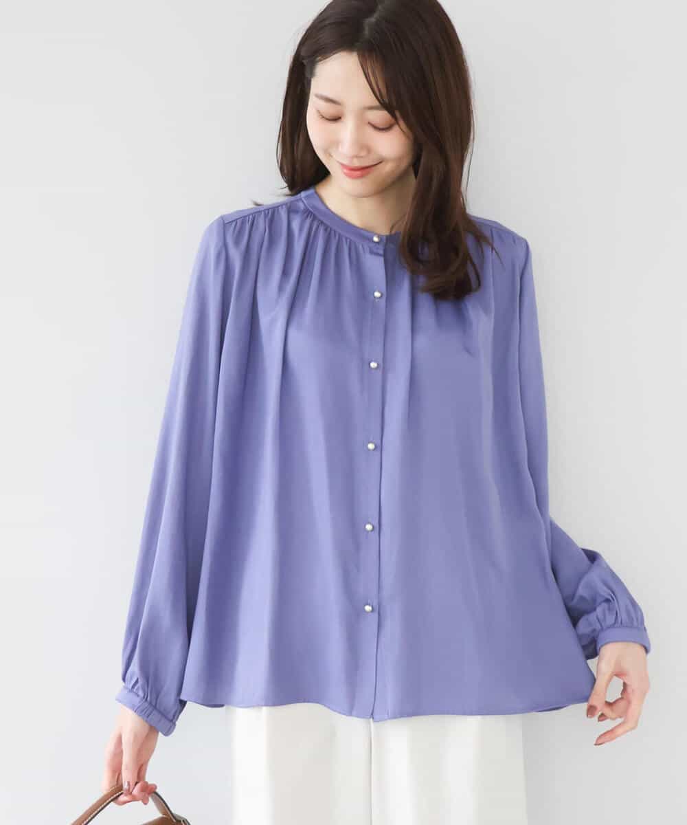 FKBGD35140 MK MICHEL KLEIN(MK ミッシェルクラン) [瞬美シリーズ/UVカット/接触冷感/洗える]バンドカラーサテンブラウス ベージュ